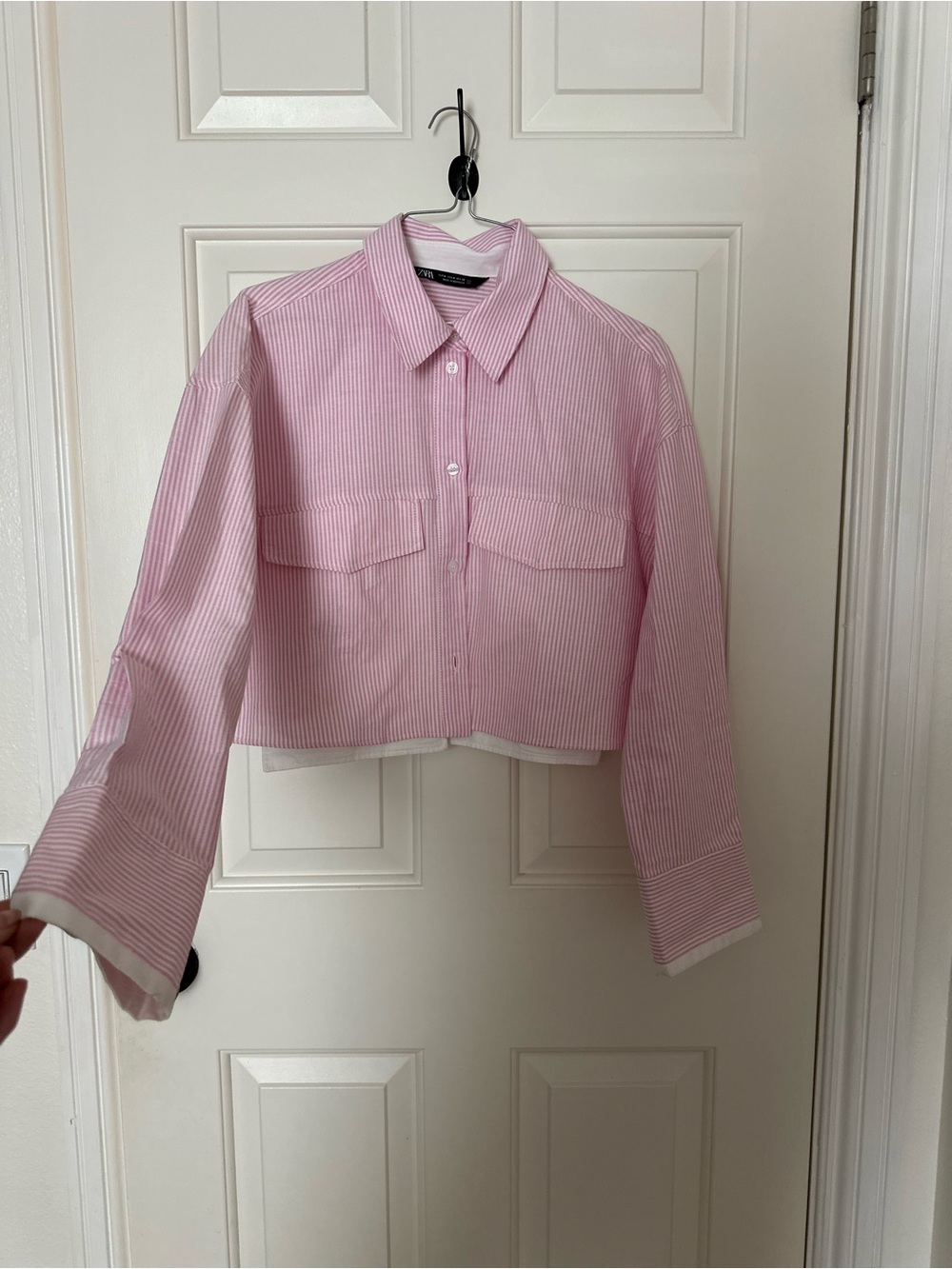Zara- Pink Striped Cropped Button-Down Shirt